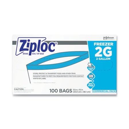 Sc Johnson Ziploc, DOUBLE ZIPPER FREEZER BAGS, 2 GAL, 2.7 MIL, 13in X 15.5in, CLEAR, 100/CARTON, PK100 682254